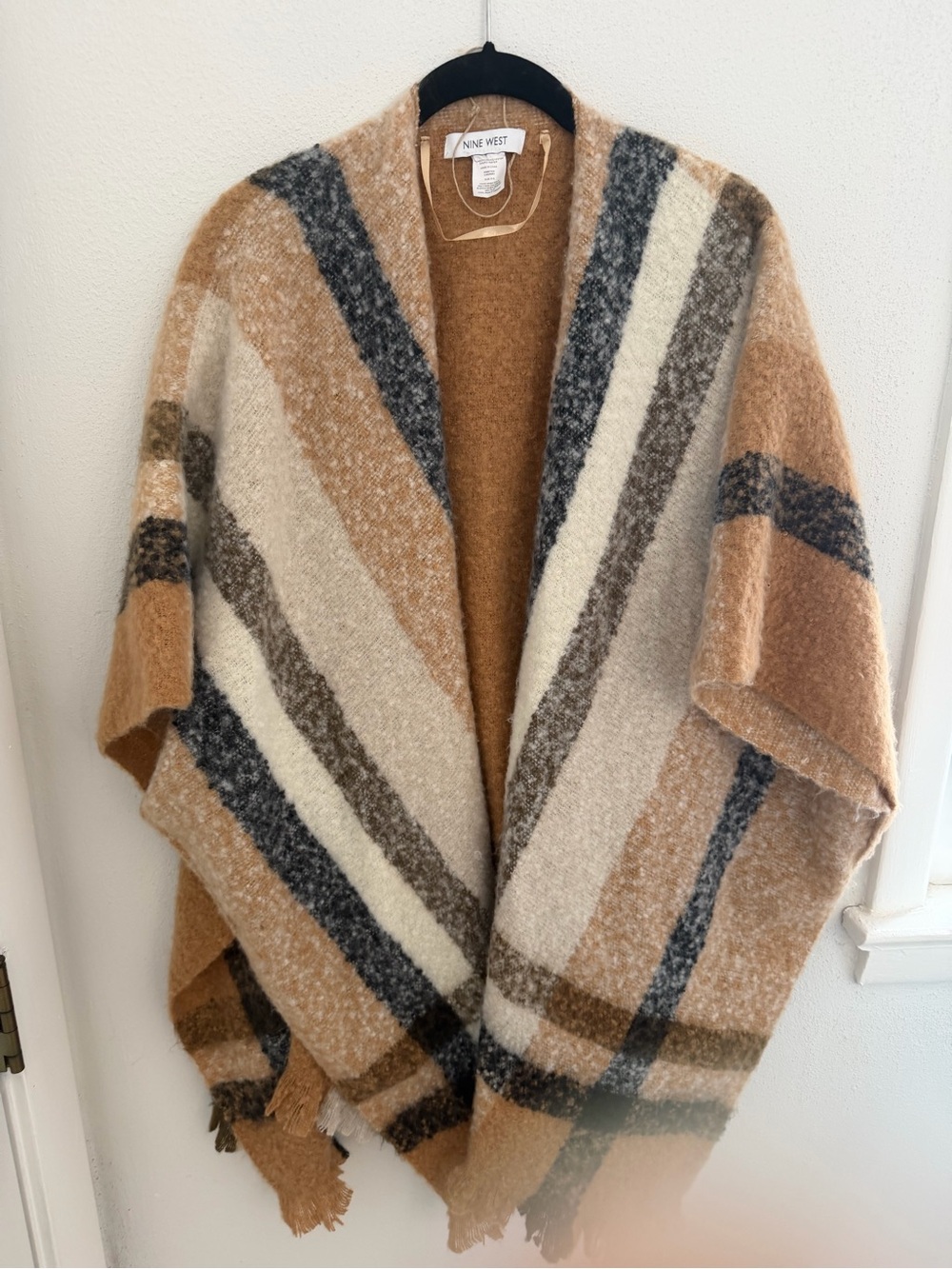 Nine West Camel, Cream & Gray Striped Open-Front Poncho